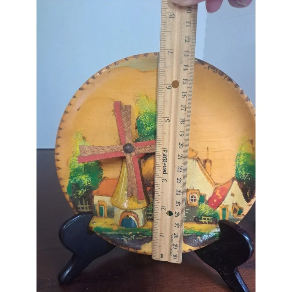 Vintage Hand Painted 3D Dutch Windmill With Spinning Blades Wooden 7in Plaque